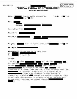 FBI-UAP-D002, FD-1057 forensic sketch interview (war.gov PURSUE Release 03), via mirror · page 1 of 2