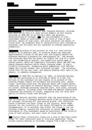 ICA-UAP-D001, "An Airborne Object Over Cheyenne Mountain in February 2022 was Possible Backscattering of Sunlight" (war.gov PURSUE Release 03), via mirror · page 3 of 4