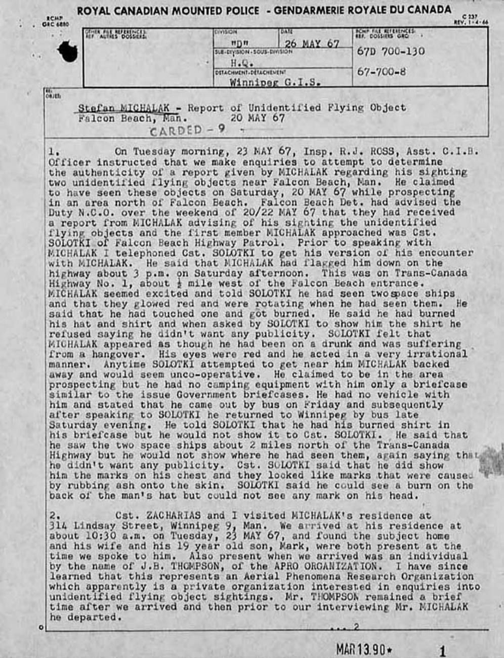RCMP "D" Division G.I.S. report, 26 May 1967 (mirror copy) · page 1 of 5