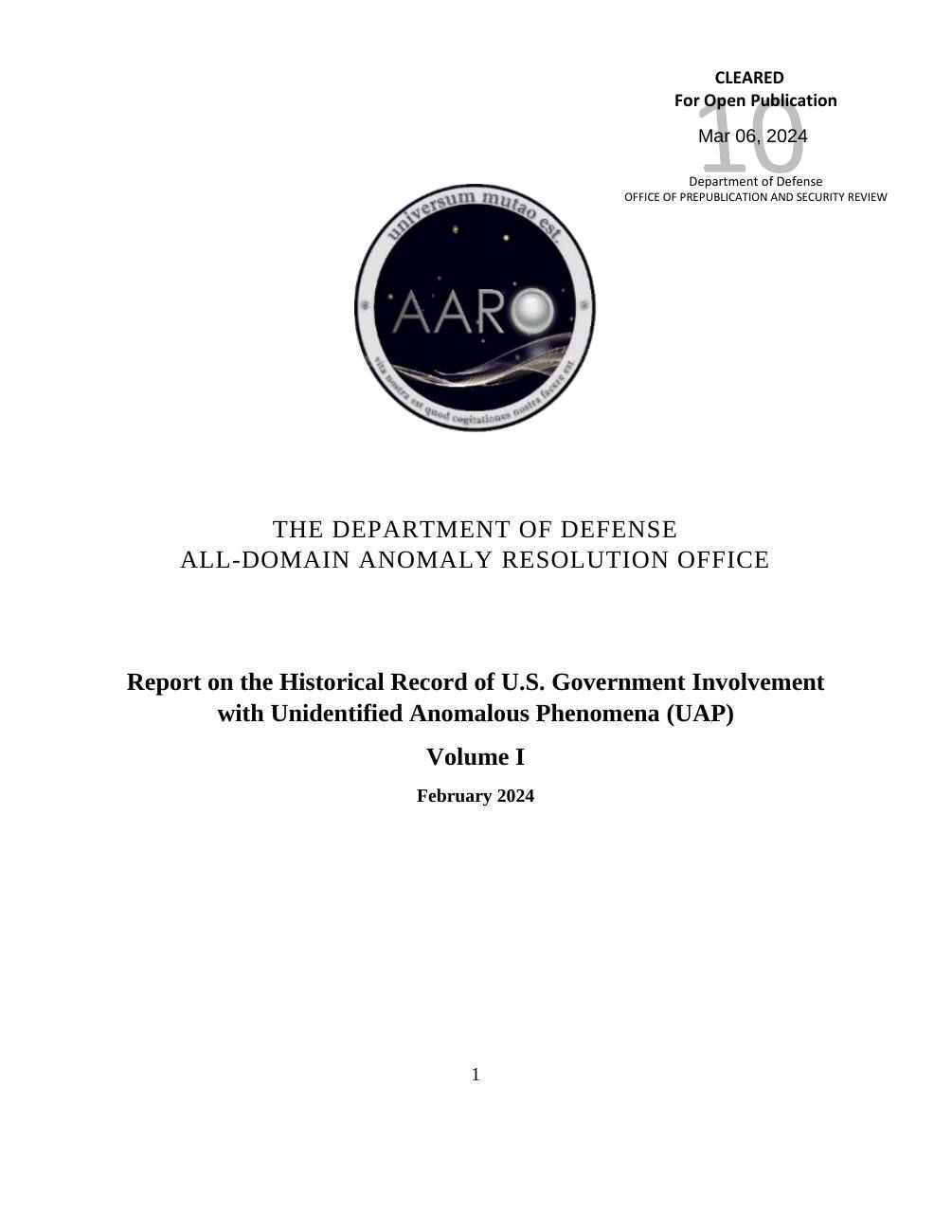 AARO, *Historical Record Report Volume 1* (8 Mar 2024), copy via mirror (searched; no mention of this case) · page 1 of 64