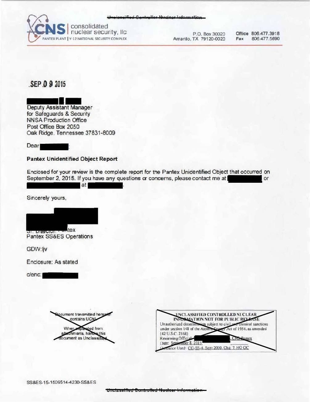 DOE-UAP-D005, Pantex Unidentified Object Incident Report (source: war.gov PURSUE; read via mirror) · page 1 of 7