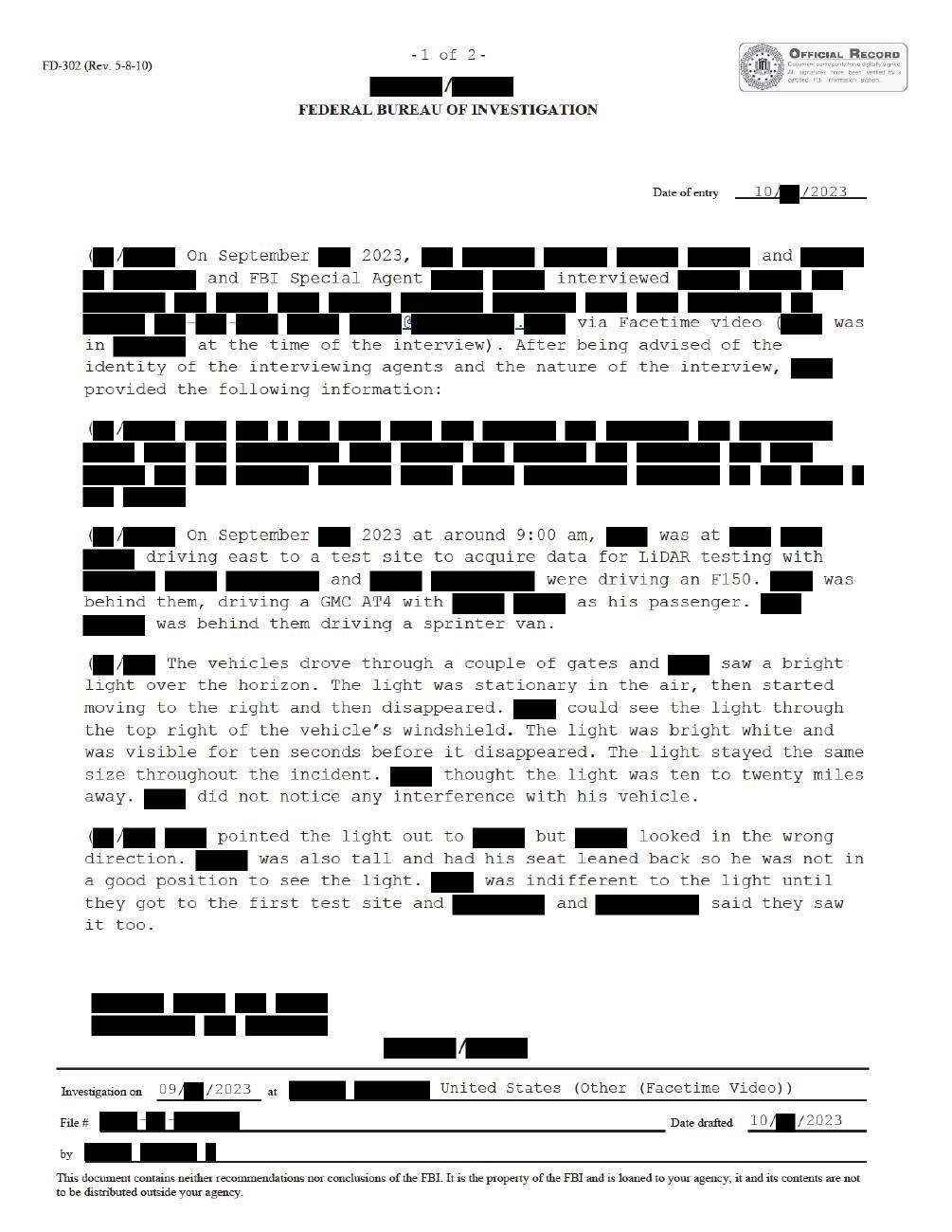 FBI September 2023 Sighting - Serial 3 · page 1 of 2