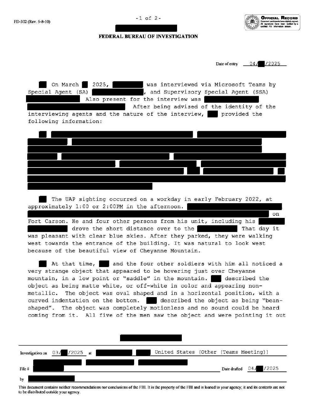 FBI-UAP-D001, FD-302 (war.gov PURSUE Release 03, 12 Jun 2026), via mirror · page 1 of 2