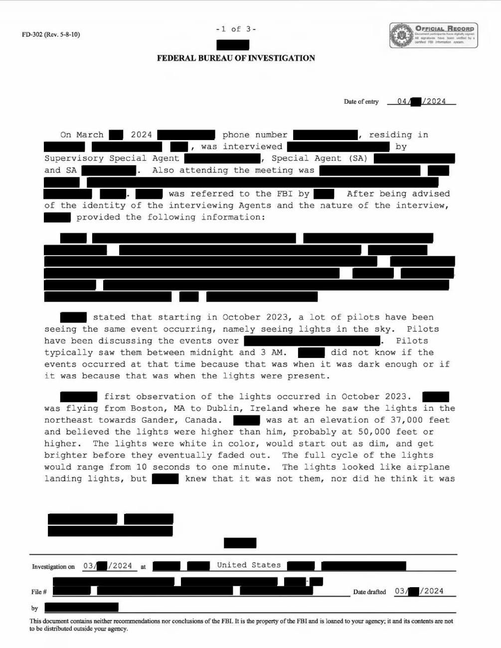 FBI-UAP-D024, FD-302 "Airborne Lights and Triangle" (war.gov, PURSUE Release 05, 7 Aug 2026), via mirror · page 1 of 3