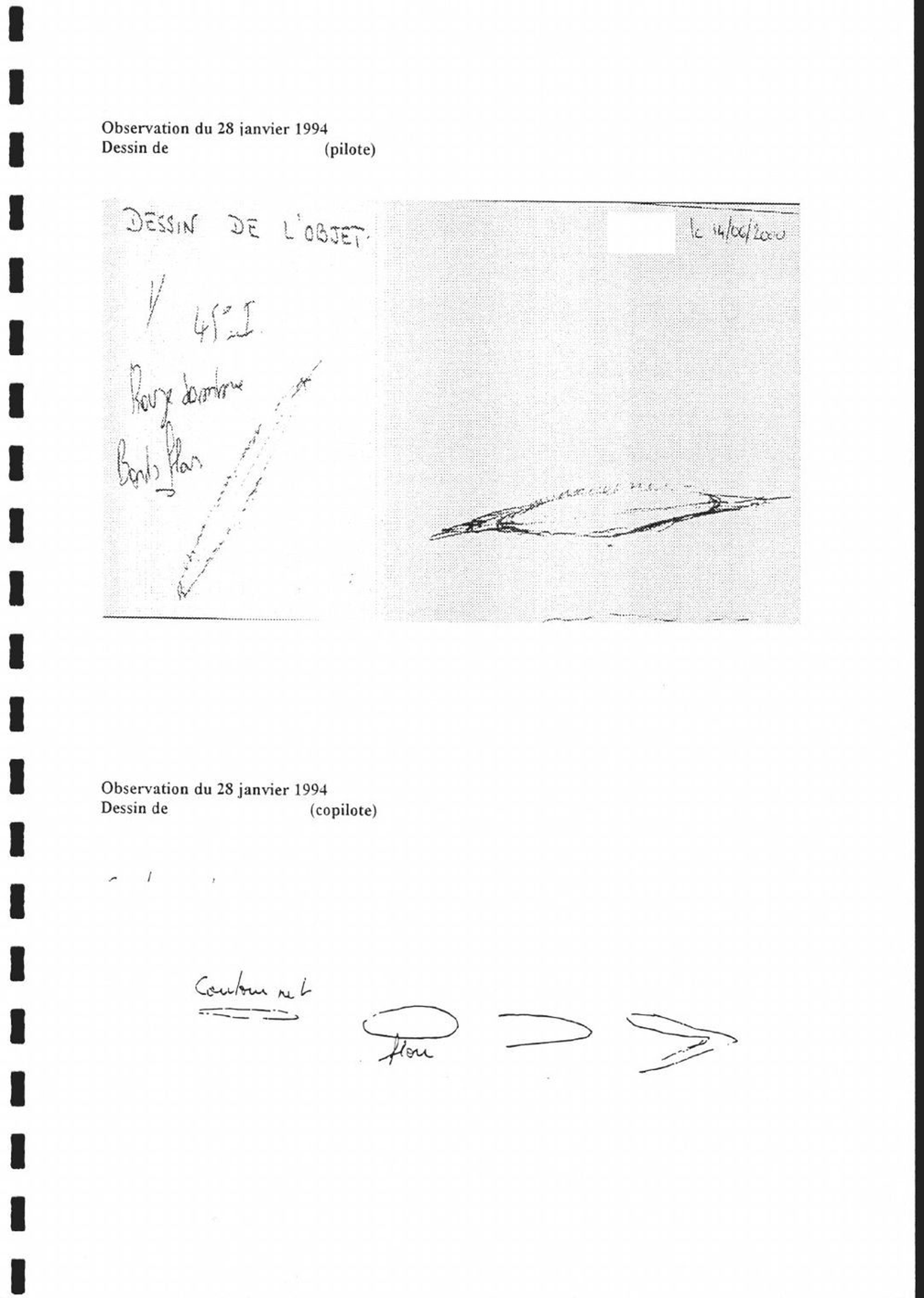 Witness sketches. Page of the SEPRA/CNES investigation report on Air France AF3532 (28 Jan 1994) reproducing the captain's drawing (top: a long lens shape, annotated 'rouge/brun' and dated 14/06/2000) and the copilot's drawing (bottom: the shape changing from a sharp outline to a blurred ring and chevrons). The witnesses' names are masked on the scan.