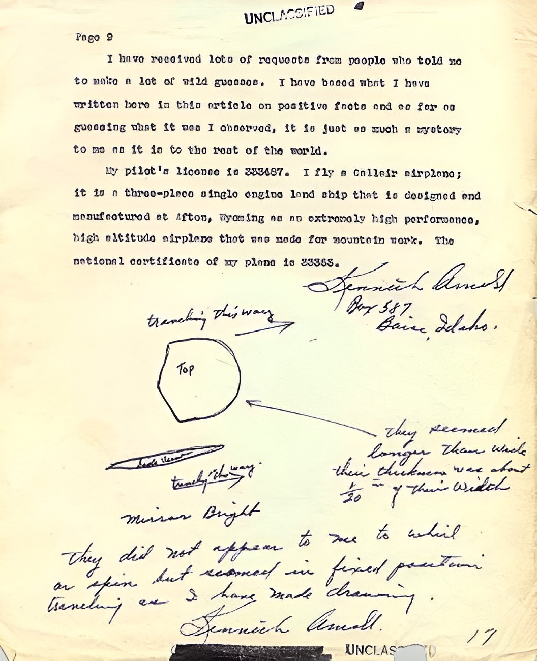 Page of Kenneth Arnold's own typed, handwritten and illustrated report sent to the Commanding General, Army Air Forces, Wright Field, describing the nine objects he saw near Mount Rainier on 24 June 1947, with his sketch of their shape. Later part of the Project Blue Book files.