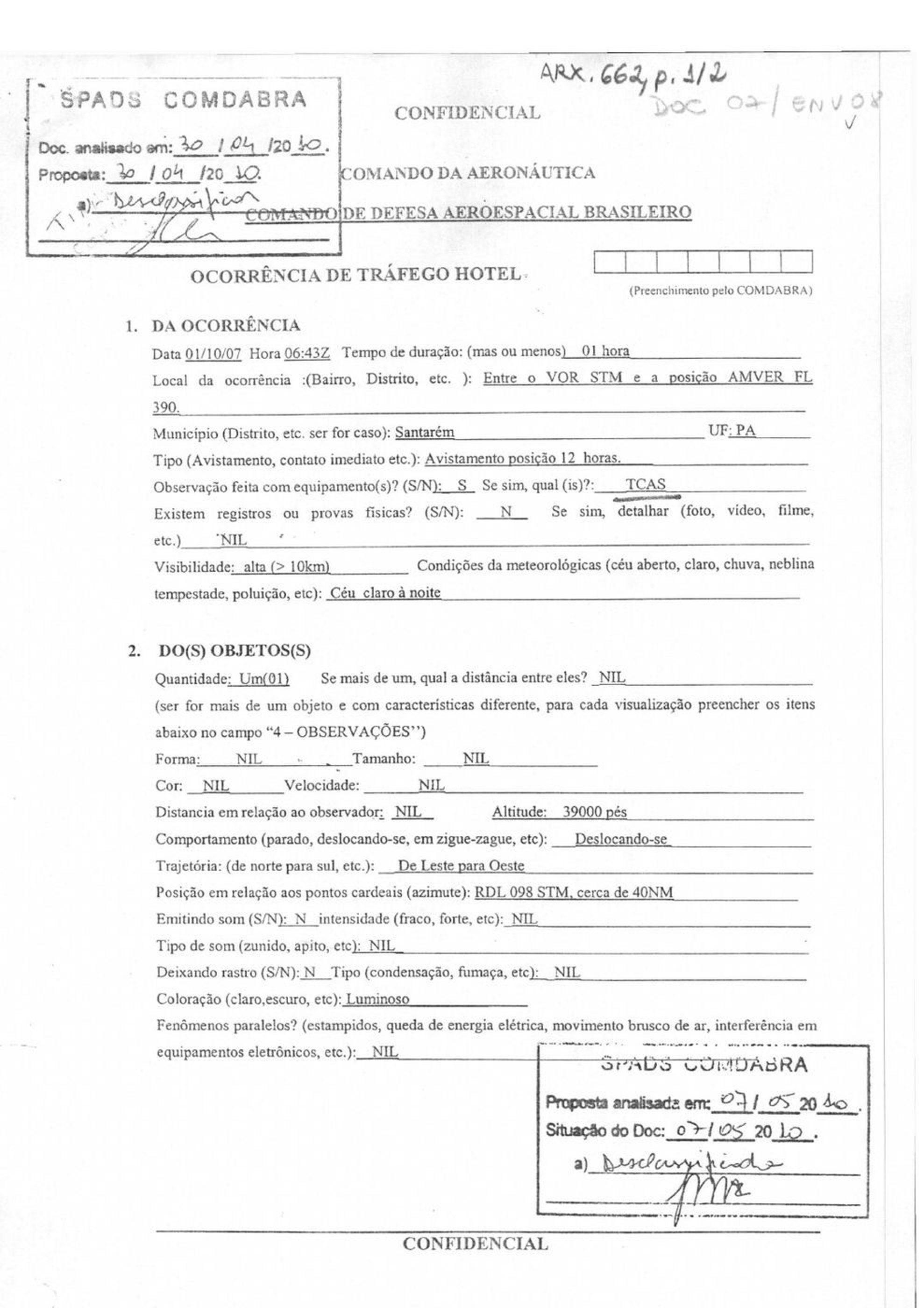 Primary document. COMDABRA 'Ocorrência de Tráfego Hotel' form (ARX.0.0.662, CONFIDENCIAL, declassified 2010): TAM 8077, 1 Oct 2007, 06:43Z, FL390 near Santarém, sighting at 12 o'clock with TCAS, about one hour.