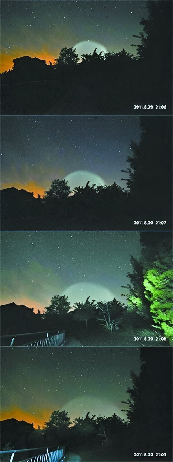 Event photos: four frames timed 21:06 to 21:09 on 20 Aug 2011 by Ma Jin, engineer at the National Astronomical Observatories, from the Xinglong observing station, showing the light sphere swelling above the horizon and fading. Published by China News Service on 30 Aug 2011.