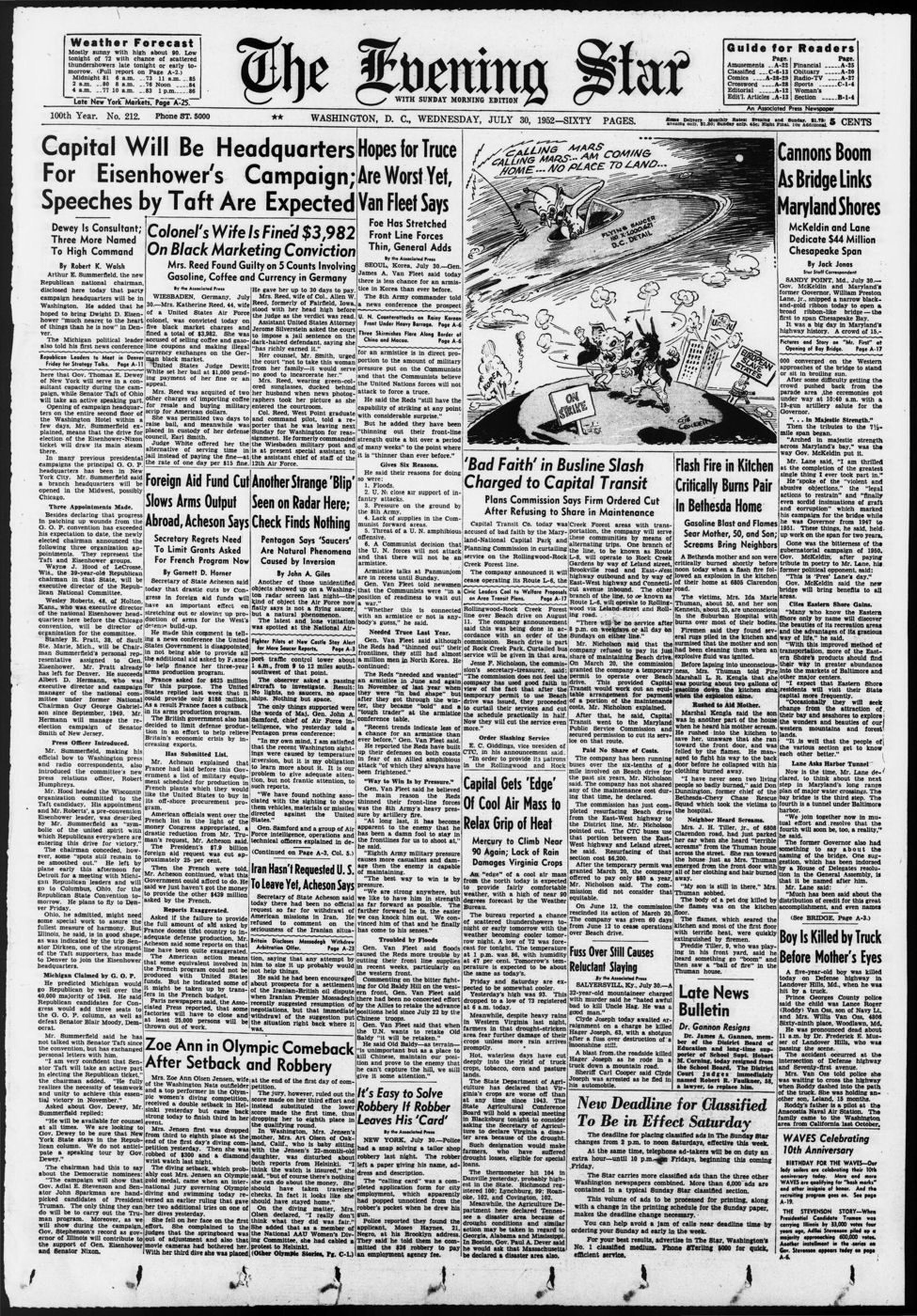 Front page the day after the Samford press conference. Centre column: 'Another Strange "Blip" Seen on Radar Here; Check Finds Nothing / Pentagon Says "Saucers" Are Natural Phenomena Caused by Inversion', by John A. Giles. It reports a new target on the National Airport radar about 1 a.m. that a passing aircraft could not find, and quotes Samford: 'the recent Washington sightings were caused by temperature inversion' and 'We have found nothing ... to show them vehicles, materials or missiles directed against the United States.' Also a cross-reference to 'Fighter Pilots at New Castle Stay Alert For More Saucer Reports. Page A-3', and a top-centre editorial cartoon with a flying saucer and the Capitol ('Calling Mars...').