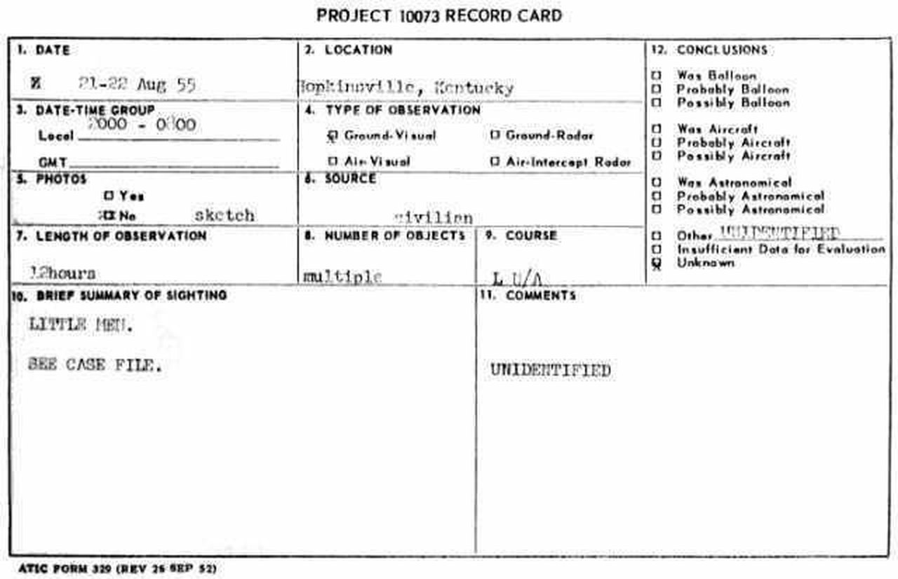 Project Blue Book record card, 21-22 Aug 1955
