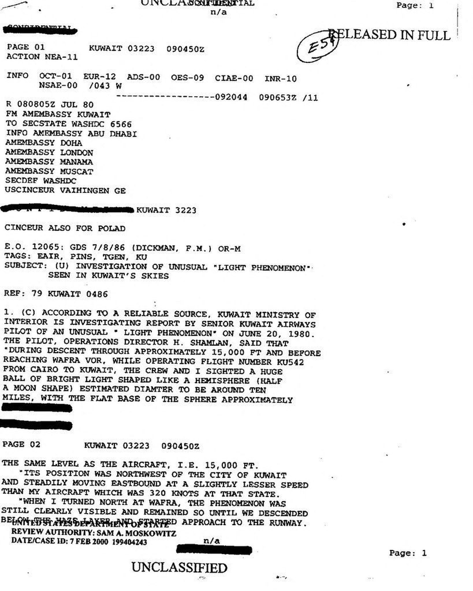 US Embassy Kuwait cable 80 KUWAIT 3223 (8 Jul 1980), page 1: Ministry of Interior investigating Capt. H. Shamlan's report of a hemispherical "light phenomenon" about ten miles across, seen from KU542 Cairo-Kuwait on 20 June 1980 before the Wafra VOR.