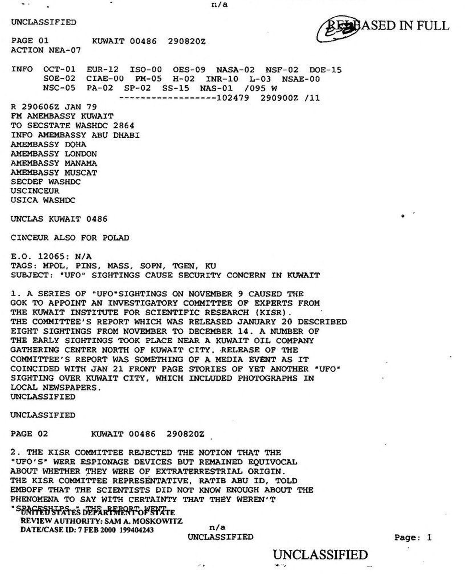 US Embassy Kuwait cable 79 KUWAIT 0486 (29 Jan 1979), page 1: the KISR committee report of 20 Jan 1979 on eight sightings from 9 Nov to 14 Dec 1978, and the 21 Jan front-page newspaper photos of another sighting over Kuwait City.
