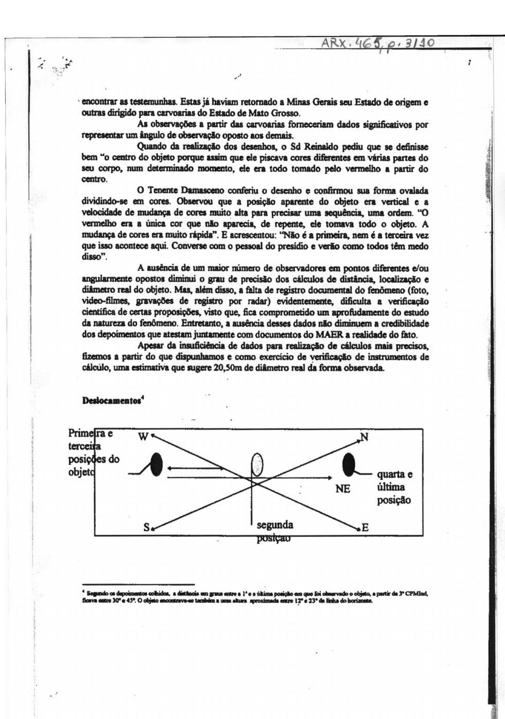 Primary document with witness-based diagram. Page 3 of the UnB report 'OVNI no Presídio da Papuda?' (ARX.0.0.465, sent to the Air Minister 1996): the officers' drawings, Lt Damasceno's confirmation of the oval shape, and a diagram of the object's four positions ('Deslocamentos').